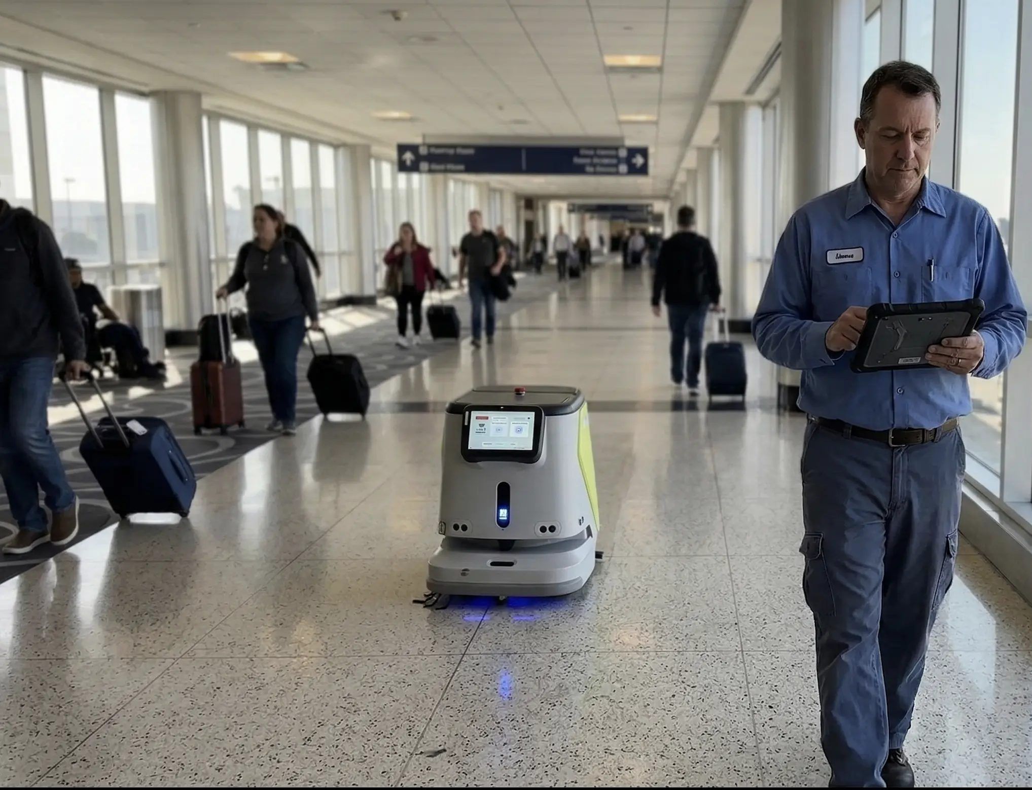 A CC1 scrubber working a concourse beside an operator with a tablet